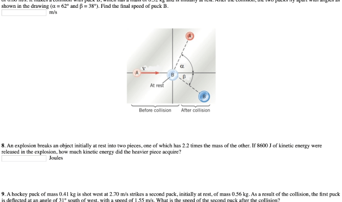 The drawing shows a collision between two pucks