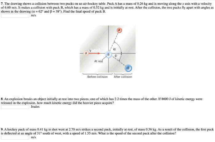 The drawing shows a collision between two pucks